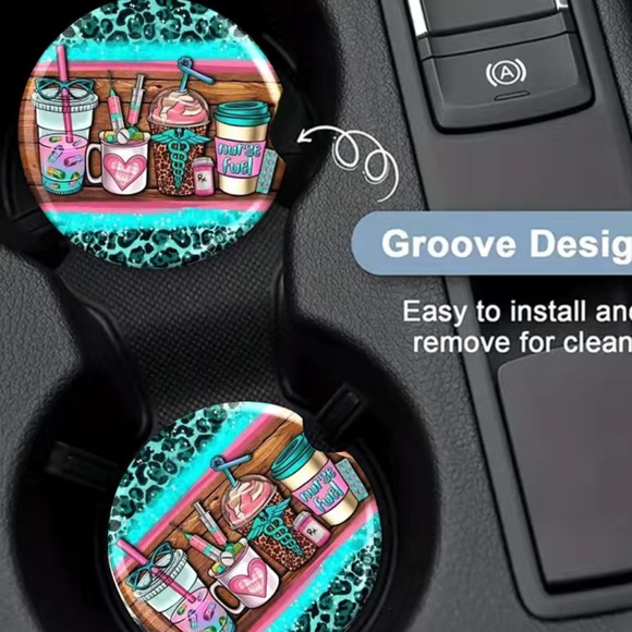 NIP 2 Pack Cup Holder Coasters NURSE Anti Slip Rubber Cup Mat with Finger Groove - Picture 3 of 4